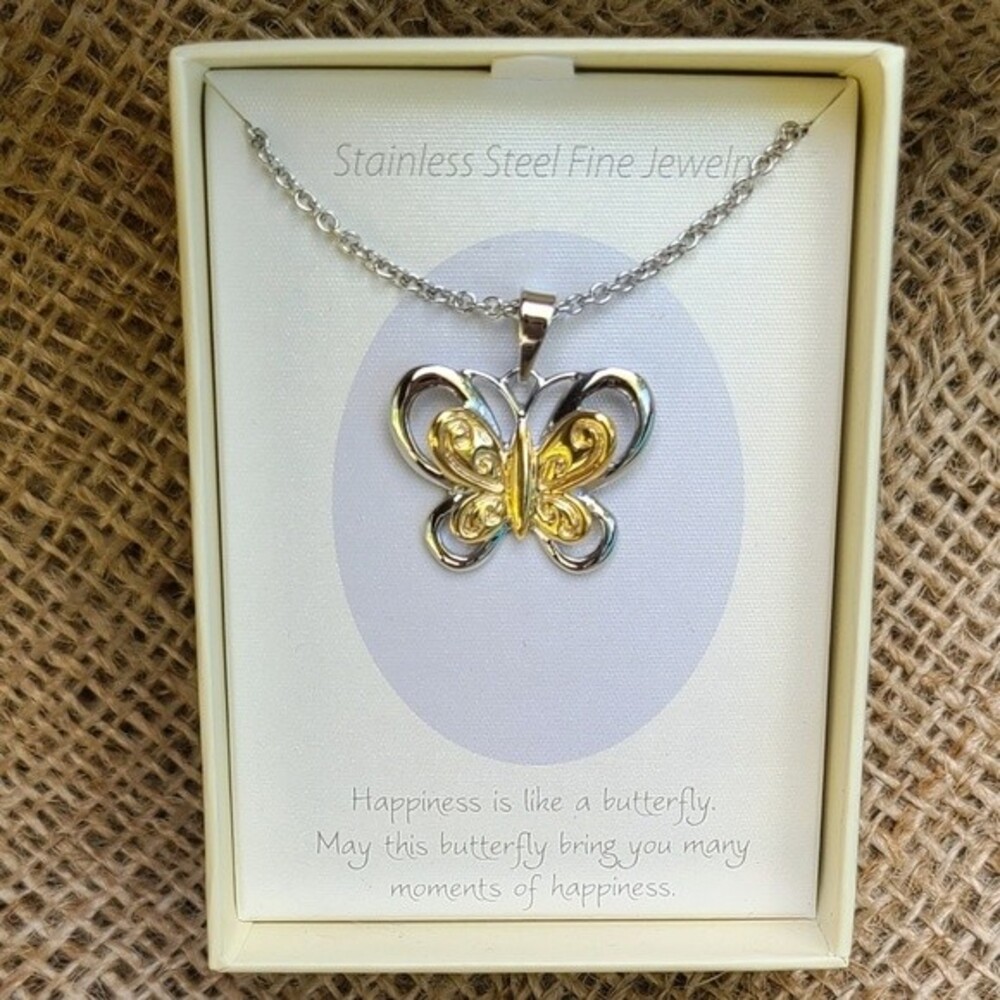 Two Tone Butterfly Pendant Necklace Stainless Steel Gift Box Inspirational Card